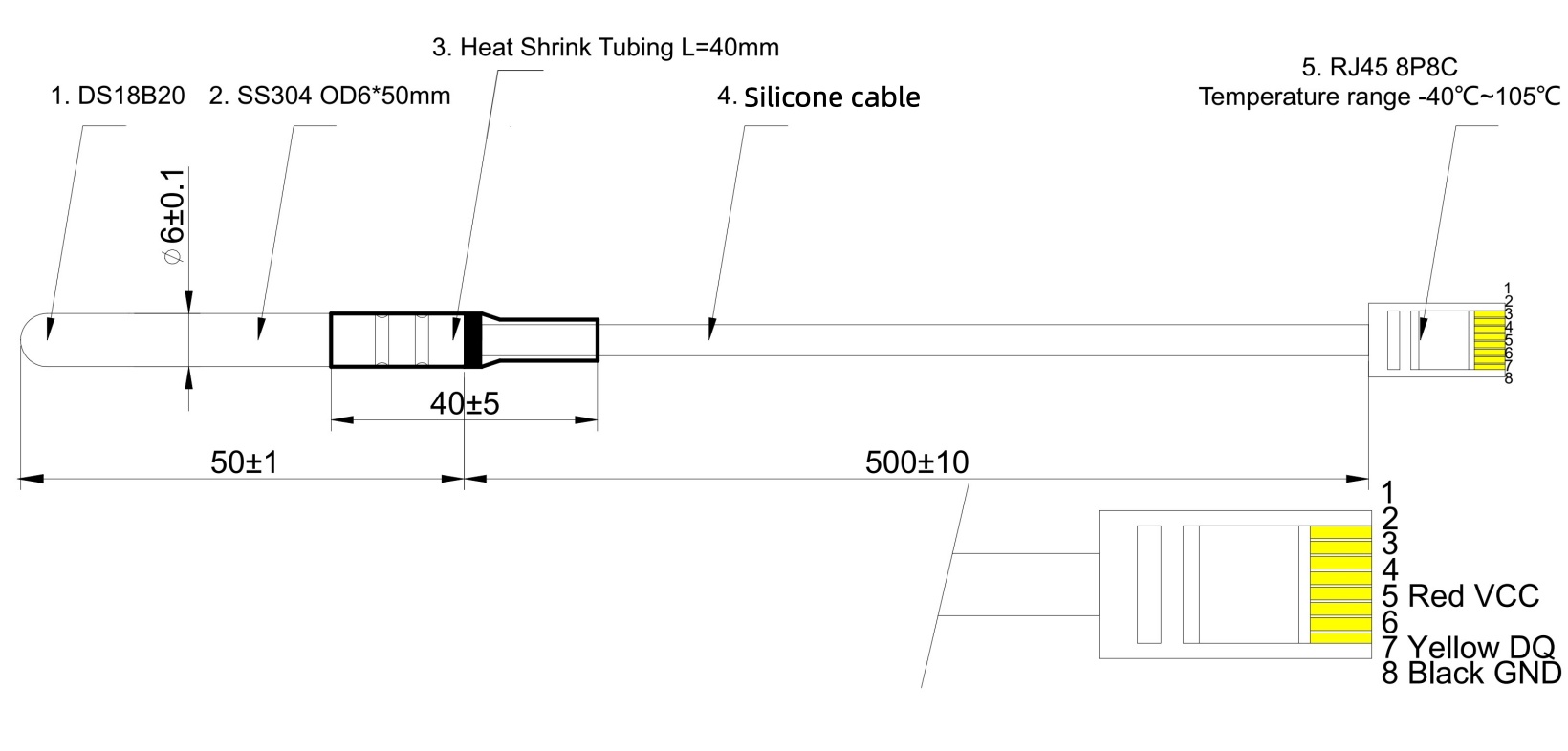 Capteur numérique de température DS18B20 — Interface 1-Wire, Étanche, Connecteur RJ45