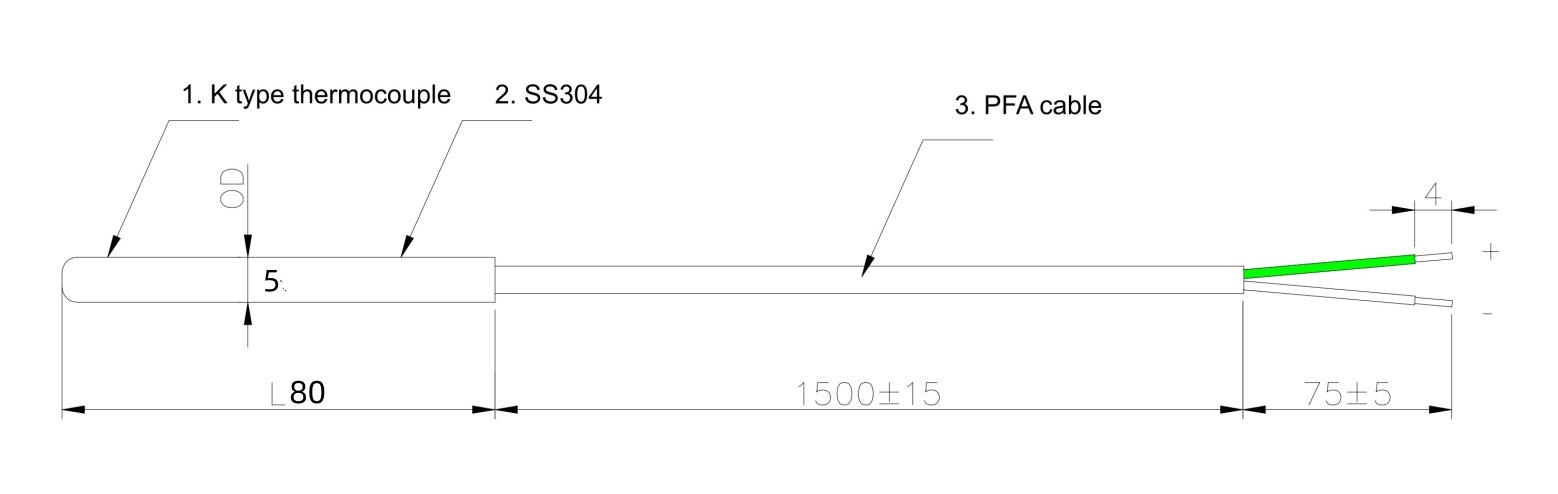Sonde à thermocouple de type K SS304/316 avec câble PFA