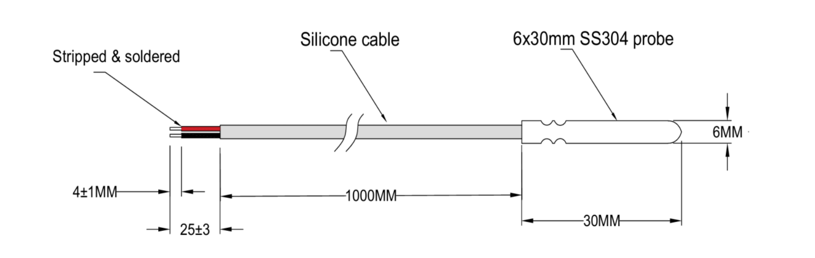 Capteur numérique de température DS18B20 — 2 fils, Étanche, Câble en silicone