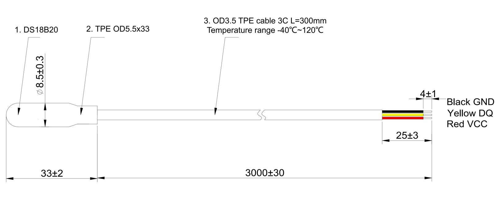 DS18B20, capteur de température numérique avec sonde surmoulée et câble en TPE