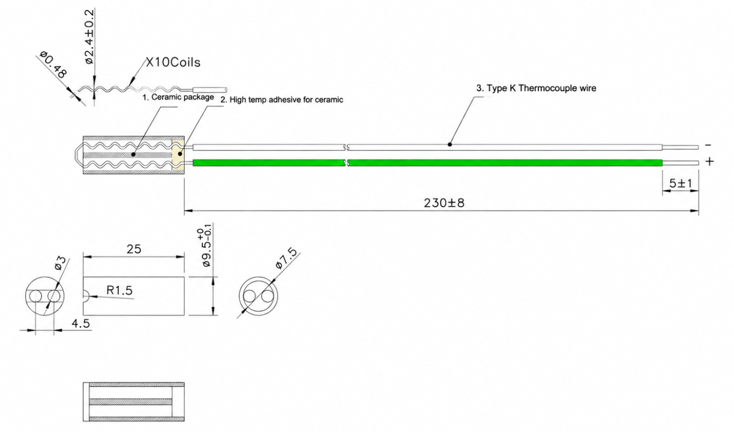 Sonde à thermocouple de type K en céramique 300–1200°C