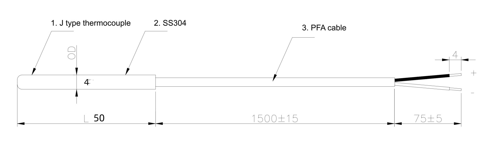 Sonde à thermocouple de type J avec câble PTFE/PFA – Acier inoxydable