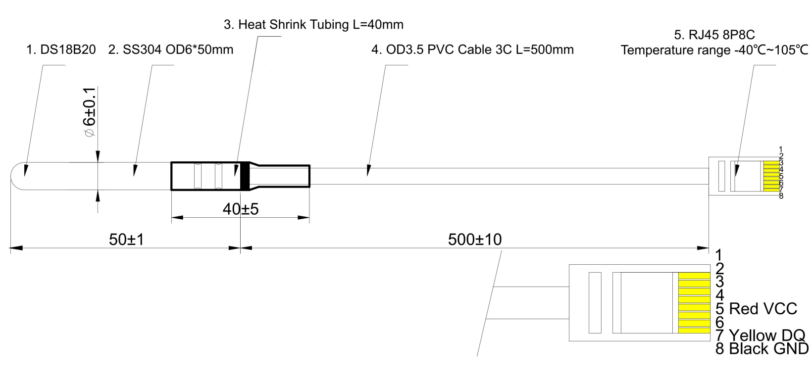 Capteur numérique de température DS18B20 — Interface 1-Wire, Étanche, Connecteur RJ45