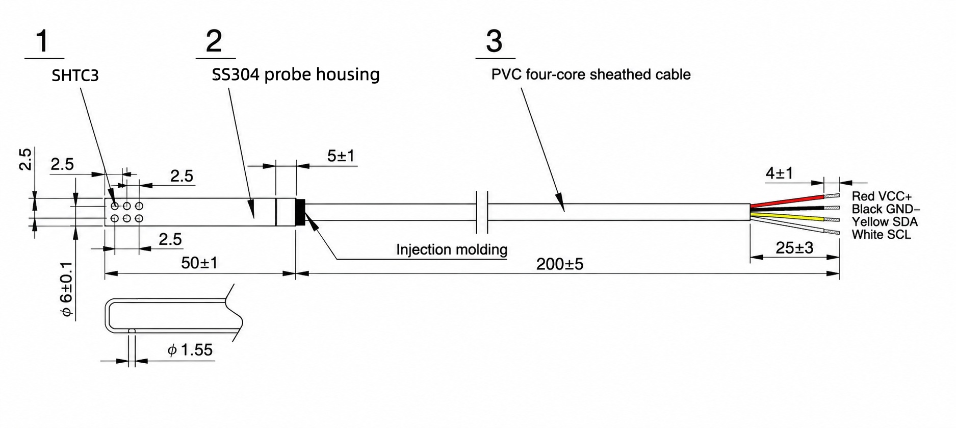 SHTC3 Capteur de température et d'humidité avec sonde «SS304» et connecteur «3.5» mm